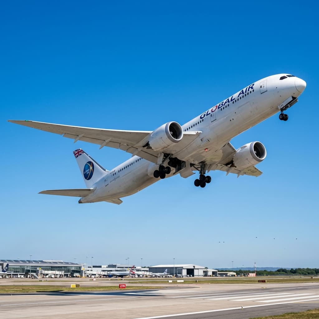 Real airplane taking off from an airport runway