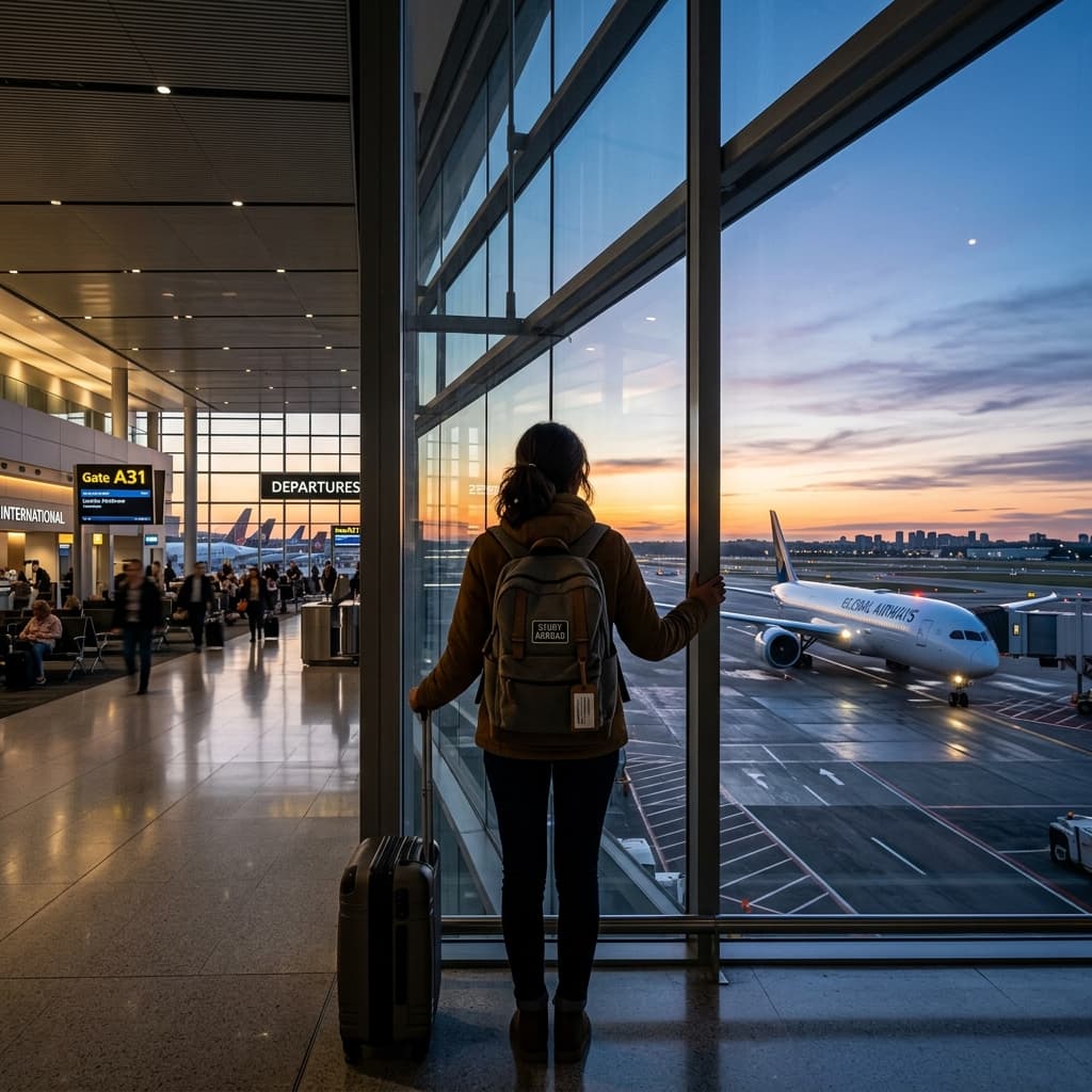 Student traveler dreaming of studying abroad while watching an airplane from the airport